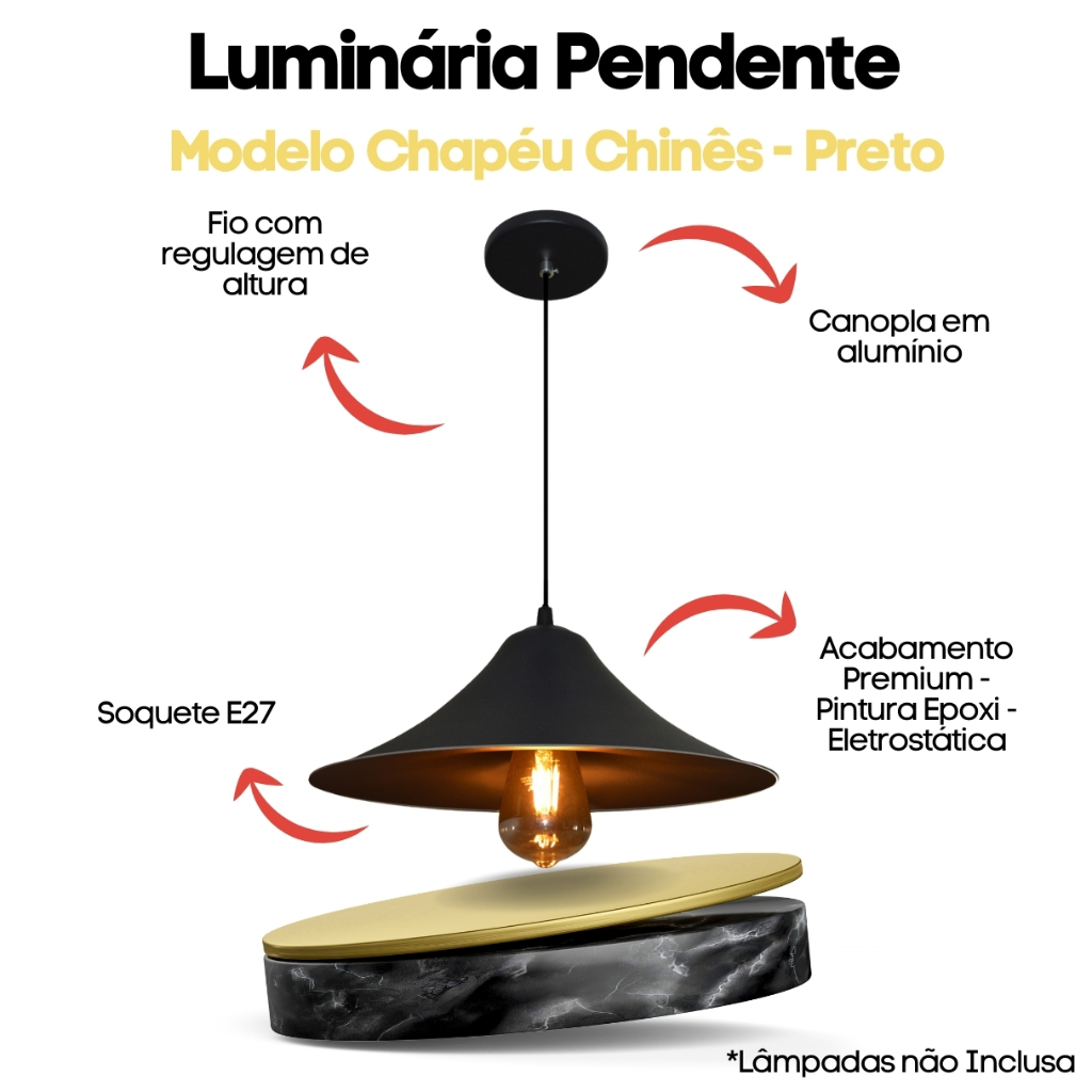Lustre Pendente Modelo Chapéu Chines - Ideal Para Mesa De Bilhar, Sinuca, Mesa de Jantar - Cor Preto E Interior Preto