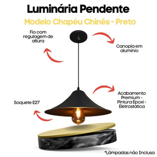 Lustre Pendente Modelo Chapéu Chines - Ideal Para Mesa De Bilhar, Sinuca, Mesa de Jantar - Cor Preto E Interior Preto