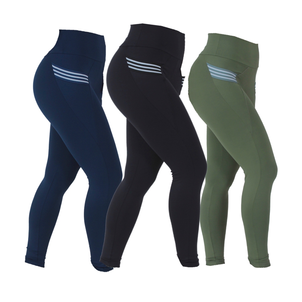 KIT 3 Legging Cintura Alta Bolsos Poliamida Moda Fitness Feminina