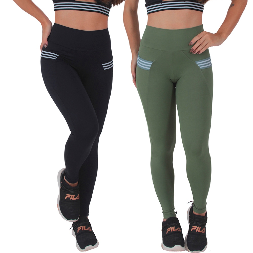 KIT 2 Legging Cintura Alta Bolsos Poliamida Moda Fitness Feminina