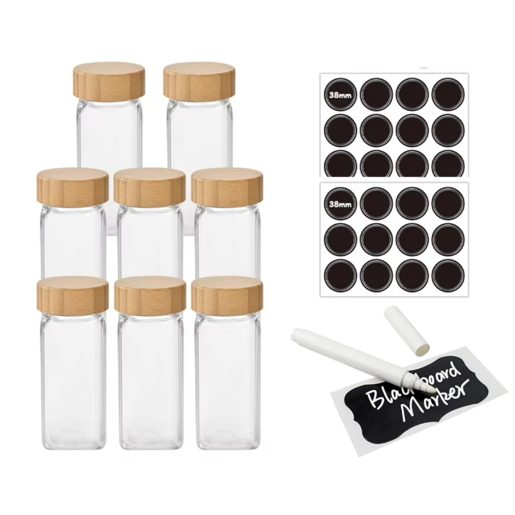 Kit Pote Quadrado 120ml e Redondo 90ml Tampa Bambu Temperos Cozinha