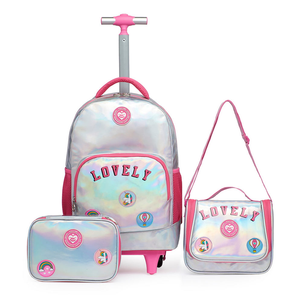 Kit Mochila Rodinhas Polo One Holográfica Feminina Infantil Lancheira Térmica Estojo Organizador