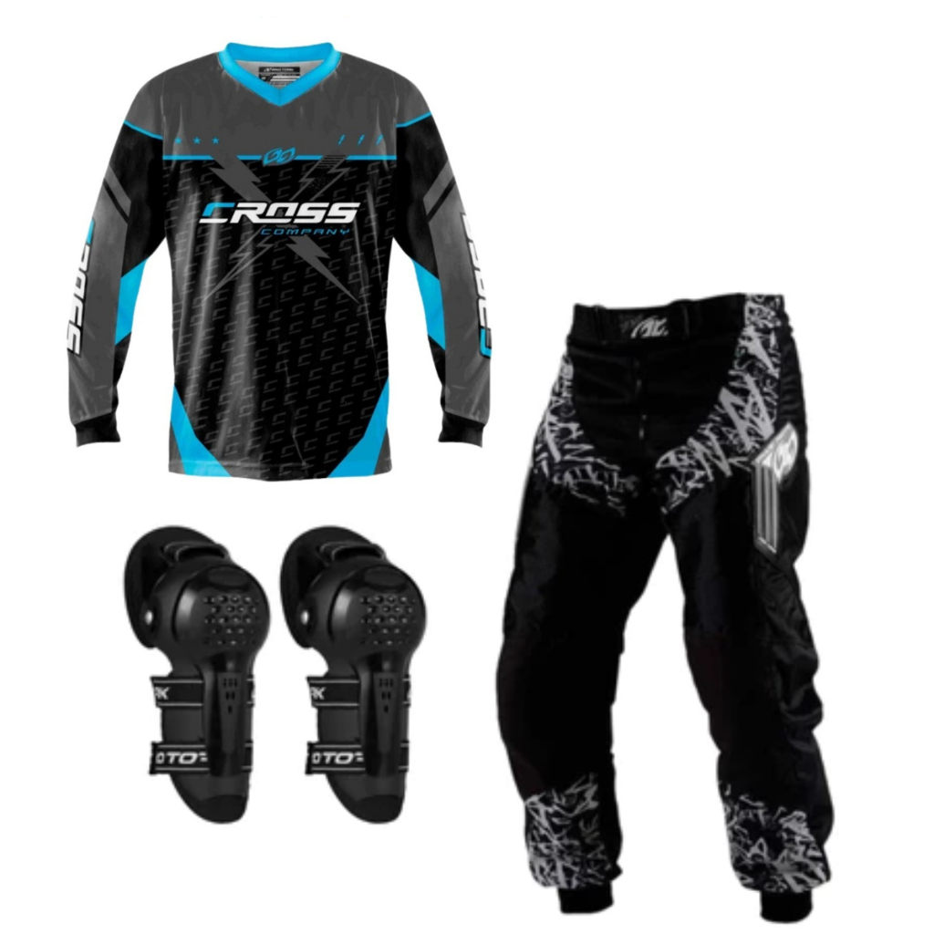 Kit Calça Camisa Azul Infantil Kids Motocross Piloto + Joelheira Articulada Pro Tork Off Road