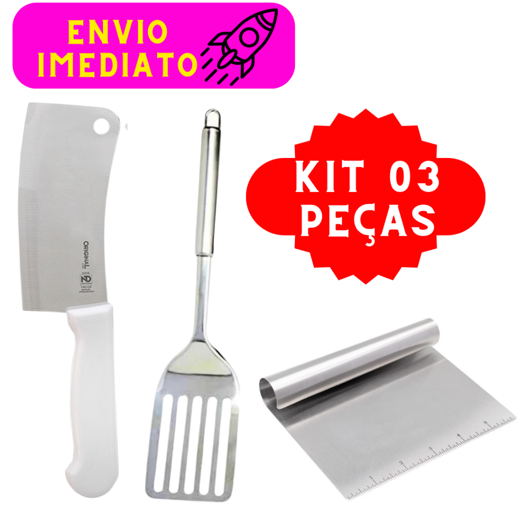 Kit 03 Peças 01 Espátulas Vazada Para Hamburguer 01 Espátula Raspadora e 01 Cutelo Utensílios