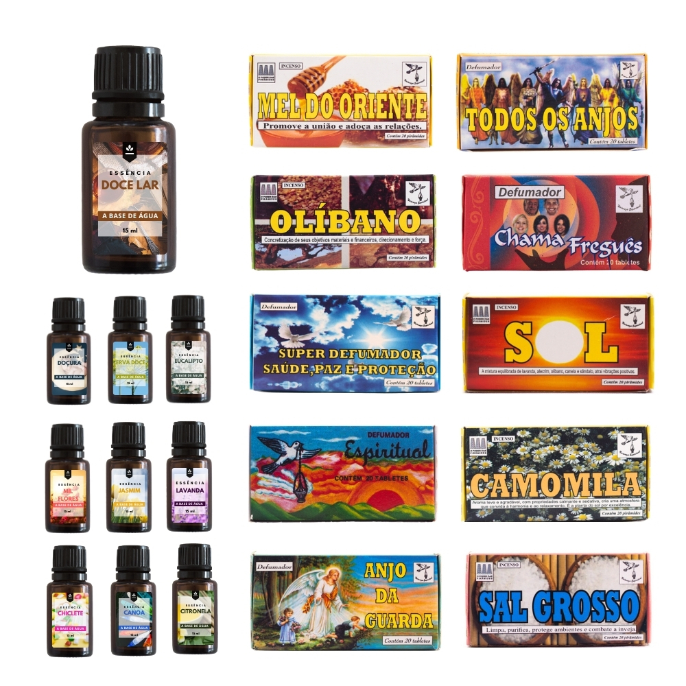 Kit 10 Cx Defumador 200 Tabletes + 10 Essências Para Difusor Elétrico e Umidificador 15ml