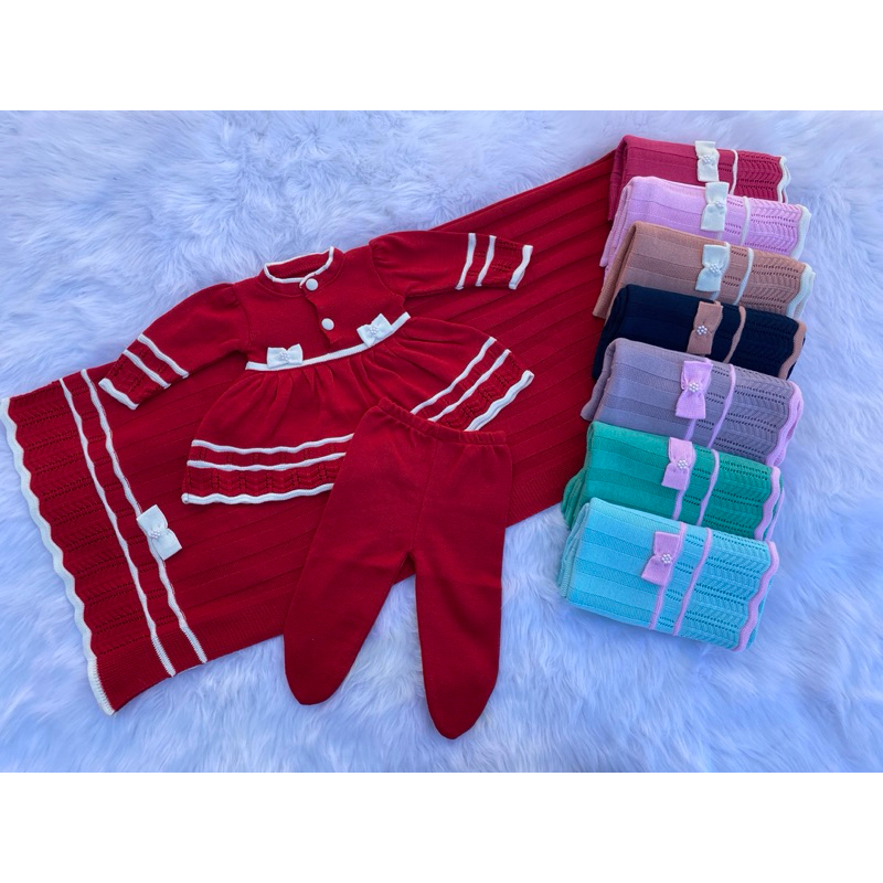 conjunto vestido/calça/manta saída maternidade detalhes laço/perola bebê rn infantil trico...