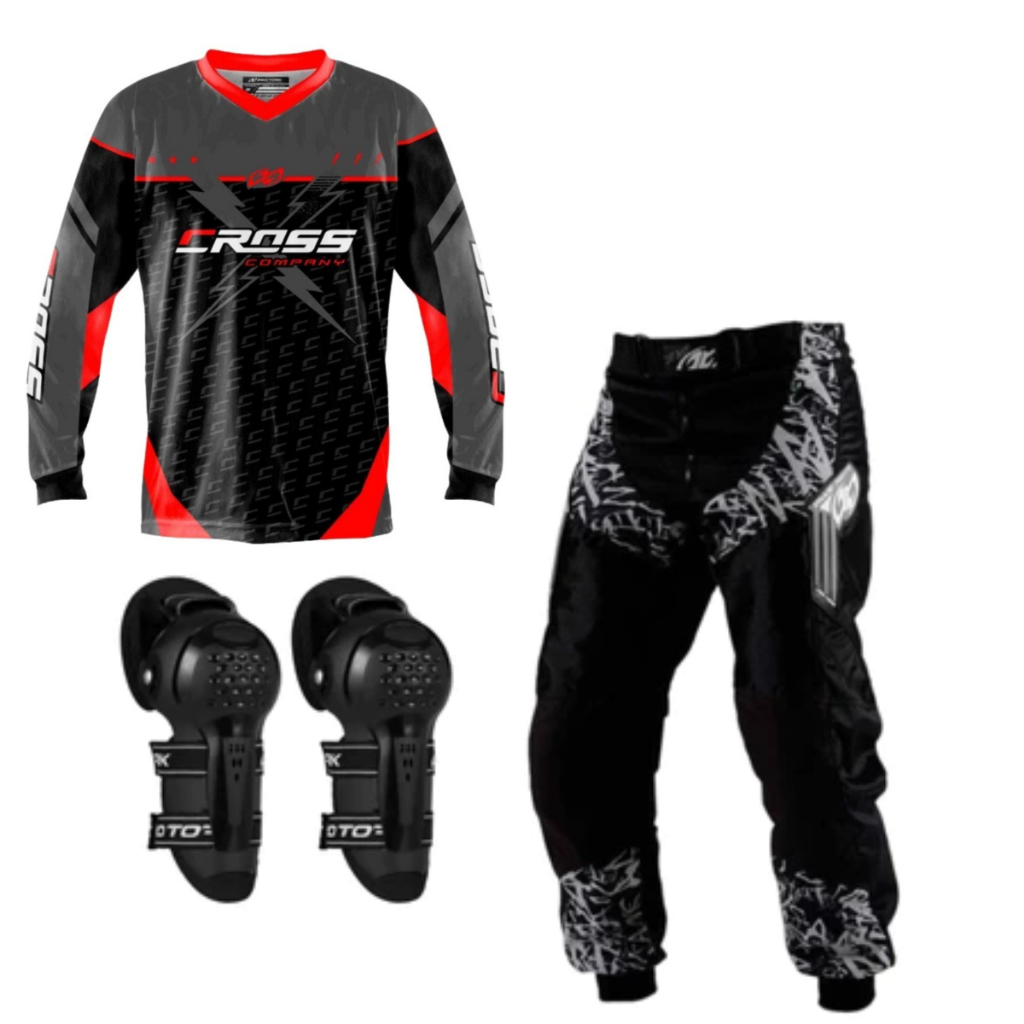 Conjunto Infantil Calça Camisa Vermelho + Joelheira Articulada Criança Motocross Off Road Por Tork