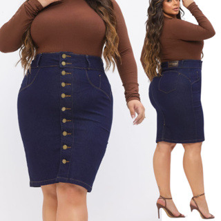 Saia Evangélicas Plus Size Jeans de Botoes Moda Maior Feminina Lycra Lindo Modelo Secretária longa em Oferta na Shopee