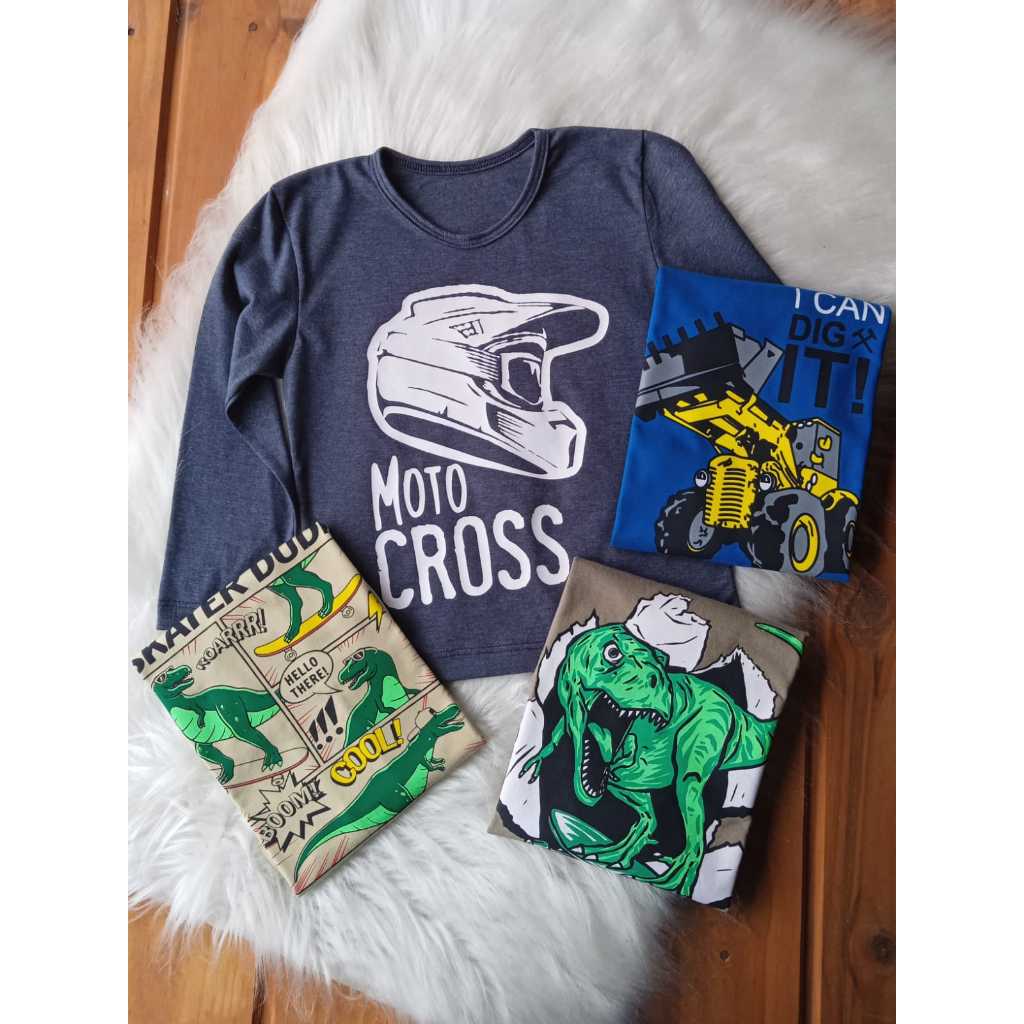 Kit 2 Blusa Manga Longa Infantil Menino Meia Malha Estampada ou Lisa Outono/Inverno