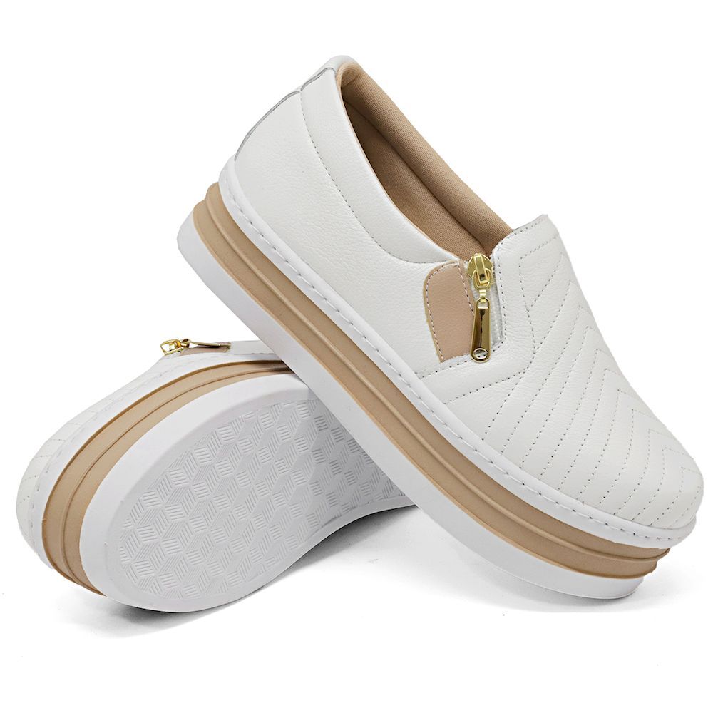 Slip On Casual em Couro LEGÍTIMO Feminino com Ziper Costura e Sola Plataforma Alta Anabela