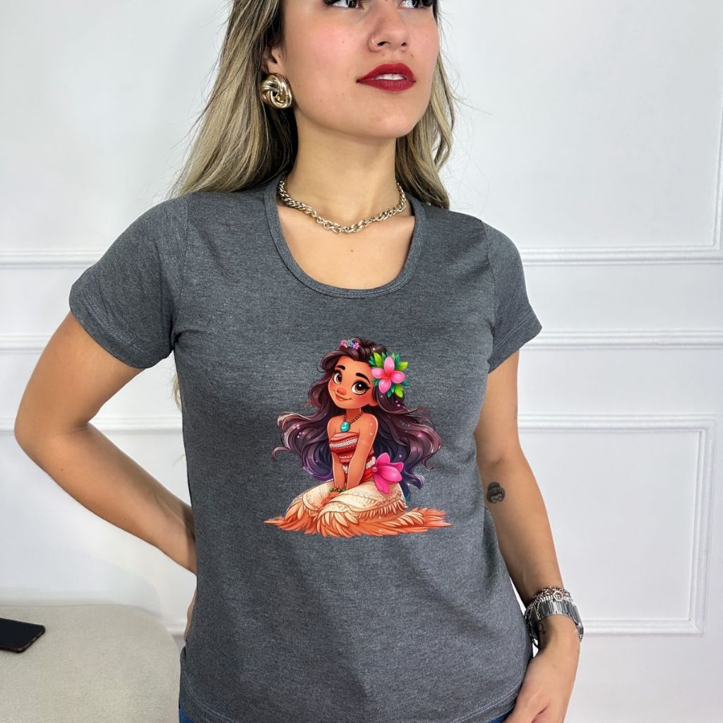 blusa feminina estampa Moana com flores camiseta T-shirt em Oferta na Shopee