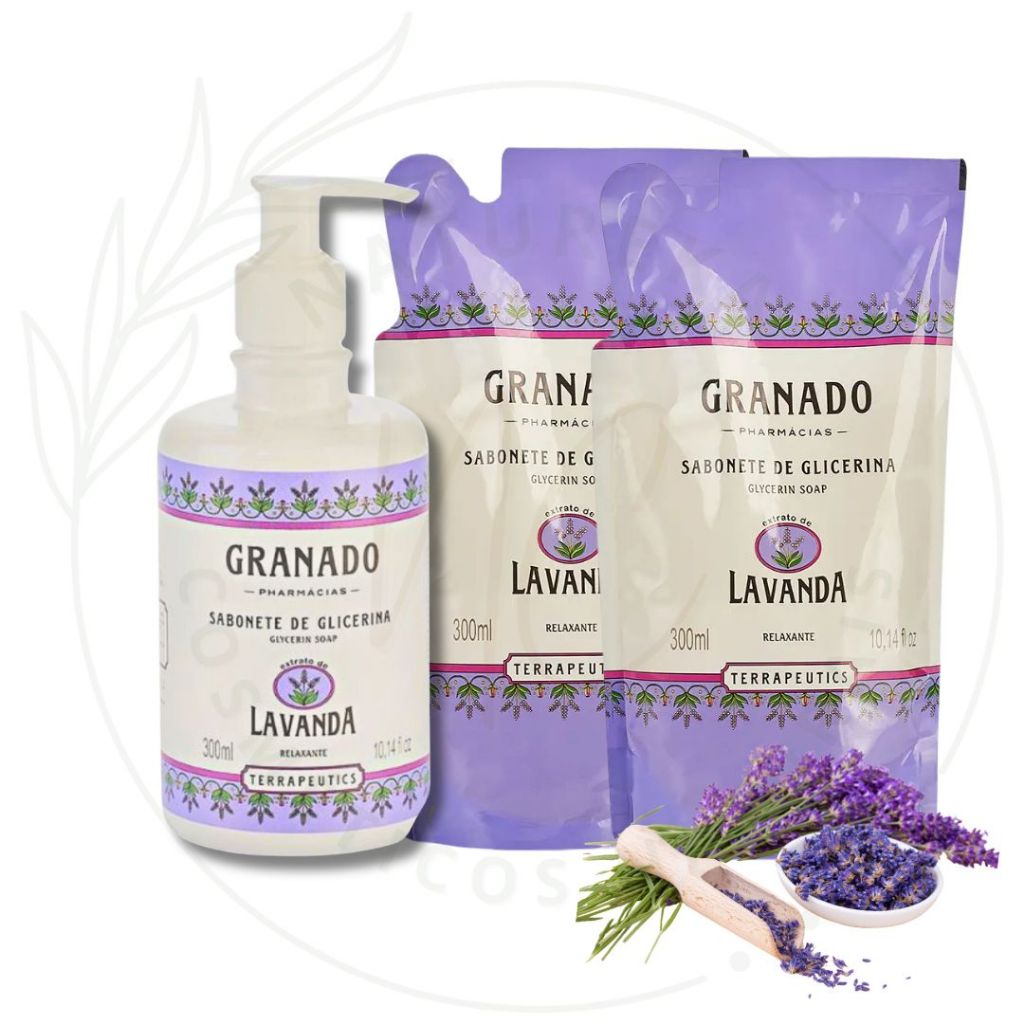 KIT de Higiene Terrapeutics Granado Sabonete Líquido 300ml 1 pote 2 Refis Calendula Lavanda Castanha