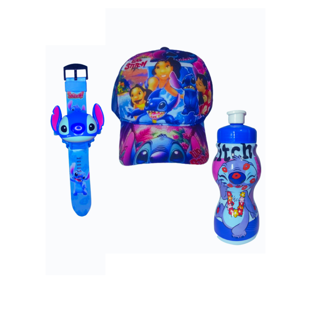 Kit 1 Relogio Projetor Stitch e Boné 1 Garrafa Squeeze Relógio Digital Led Infantil Stitch Menina