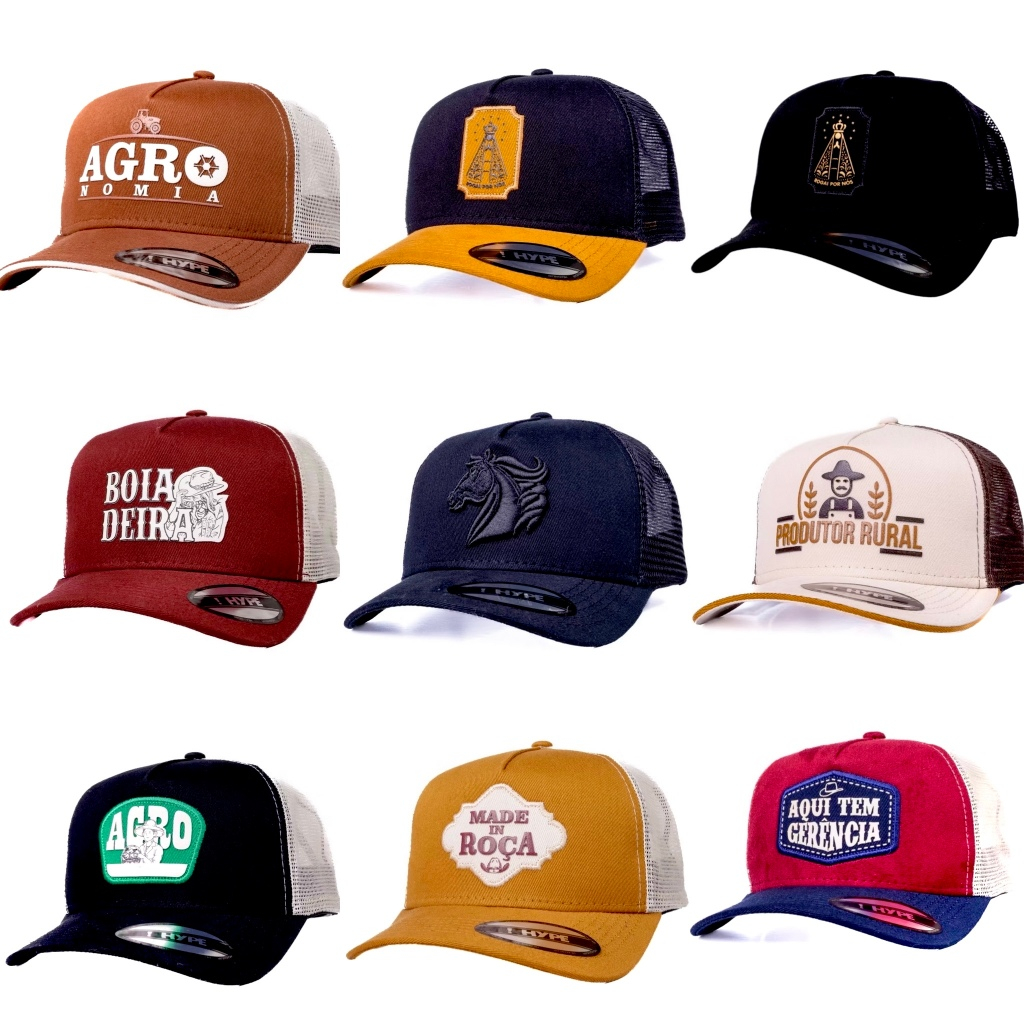 Boné Agro Country Sertanejo Rural Bruto Vários Modelos Aba Curva Telado Chapéu Cowboy Com Abotoador