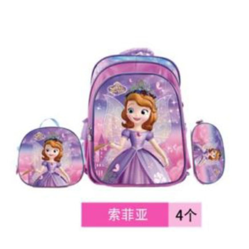 Kit 3 Peças Mochila Escolar 3d Infantil Princesa Sofia
