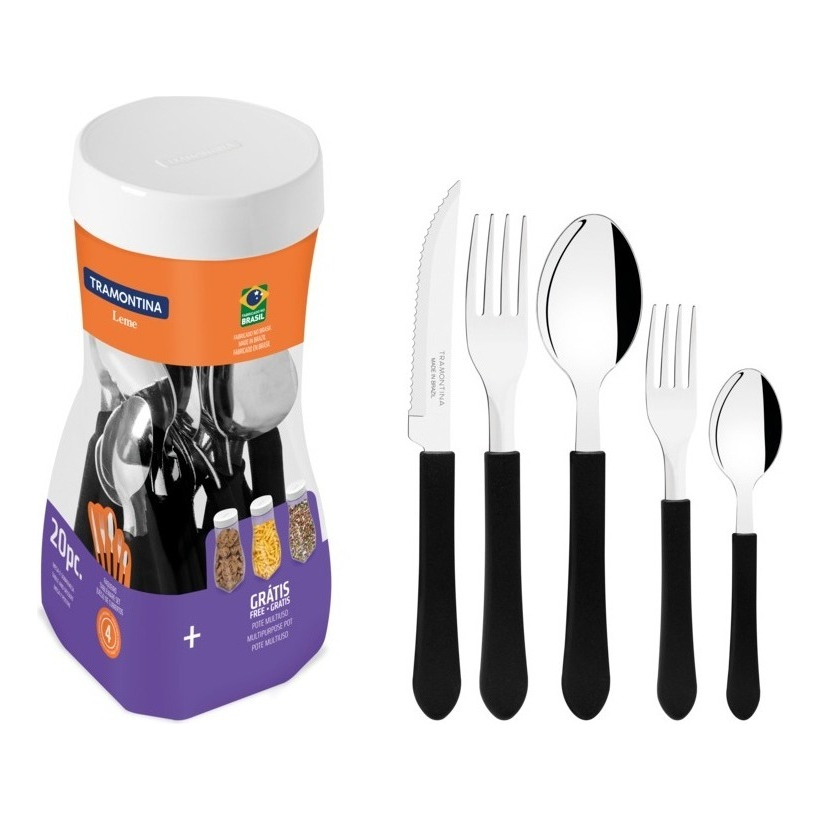 Faqueiro Conjunto Jogo de Talheres Tramontina Leme 20 Peças em Aço Inox Faca Garfo Colher de Mesa de Chá com Pote