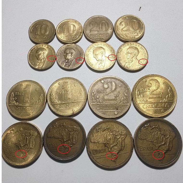 Escassas Moedas de 10, 20 Centavos, 1 e 2 Cruzeiros 1944 e 1945 Com Sigla e Sem Sigla