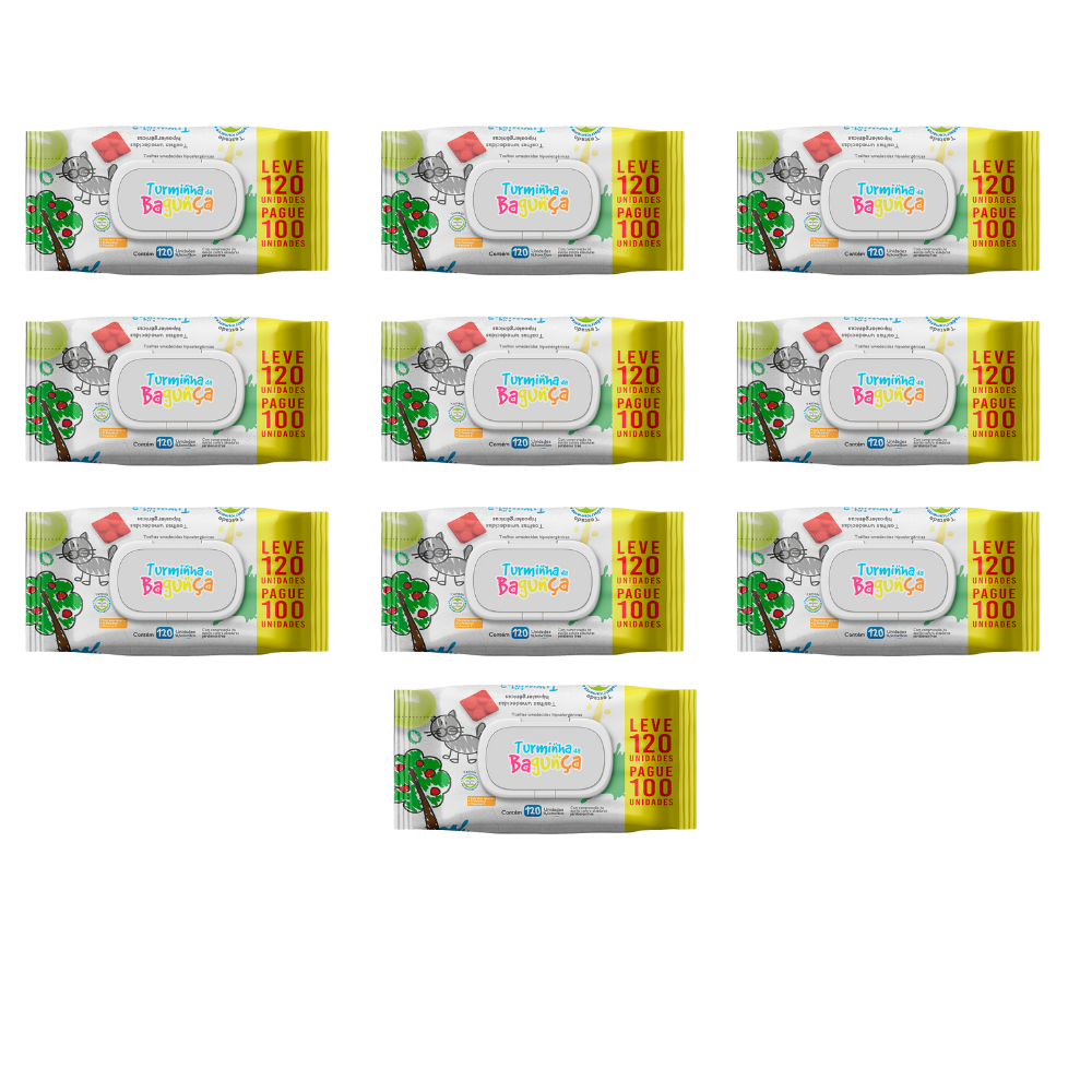 Kit 10 Pacotes Toalhas Umedecidas TURMINHA DA BAGUNÇA 120 Folhas 19x13 cm Com Tampa Flip Top