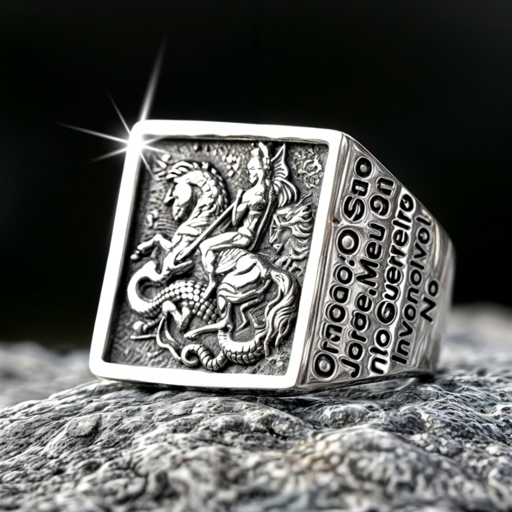 Anel São Jorge Masculino Dedeira Ogum Original com Oração Aço Inoxidável Maciço Cromado em Oferta na Shopee