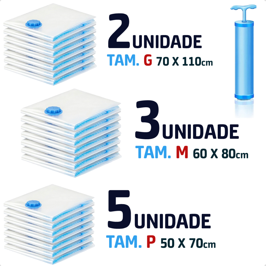 Imagem Kit 5 ou 10 Saco a Vacuo Mala Viagem Organizador Roupas Edredom inclui Bomba com 5p 3m 2g