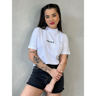 Blusa T-shirt Gola Alta Feminina Estilosa Blegueira Tendência 100% Algodão em Oferta na Shopee