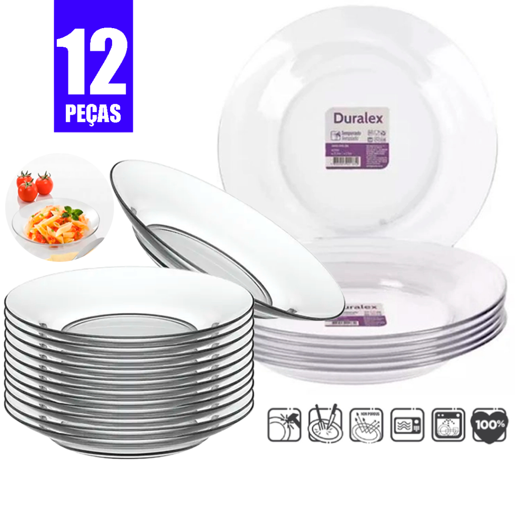 Jogo Kit 12 Prato Fundo Astral Conjunto Vidro Transparente Duralex Almoço Jantar Refeições Hotel