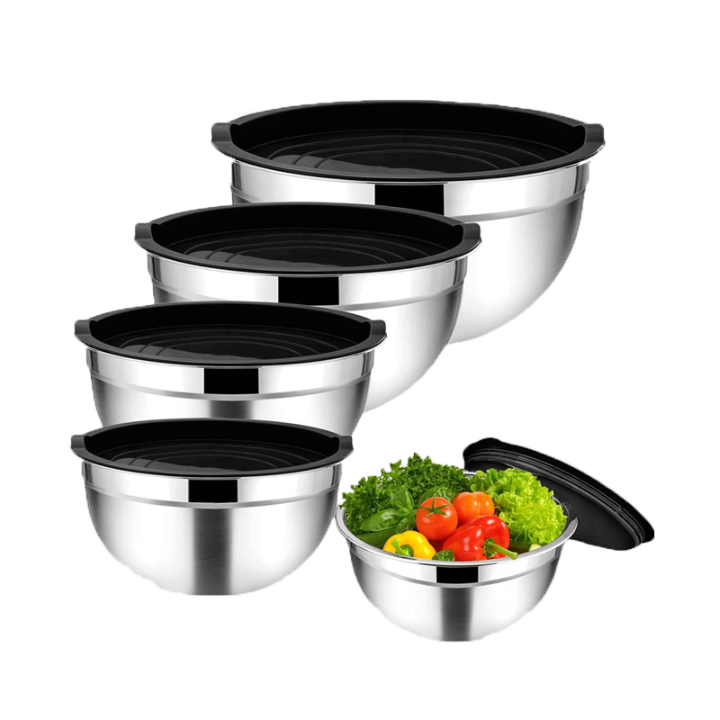 Kit 5 Stainless Steel Bowl Multipurpose Round Salad Bowl Confectionery Bowls Container With Lid