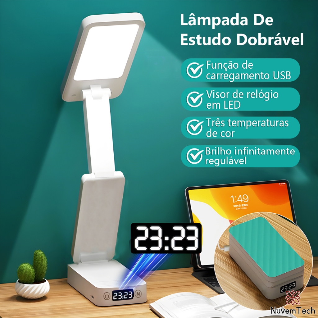 Luminária De Mesa Sem Fio Recarregável Dobrável Portátil 48 LED Com Relógio Digital Lâmpada Leitura Proteção Dos Olhos em Oferta na Shopee