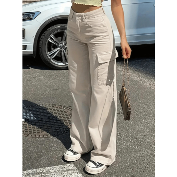 Calça Jeans Wide Leg Cargo Pantalona premium Cintura Alta bolsos lateral Perfeita