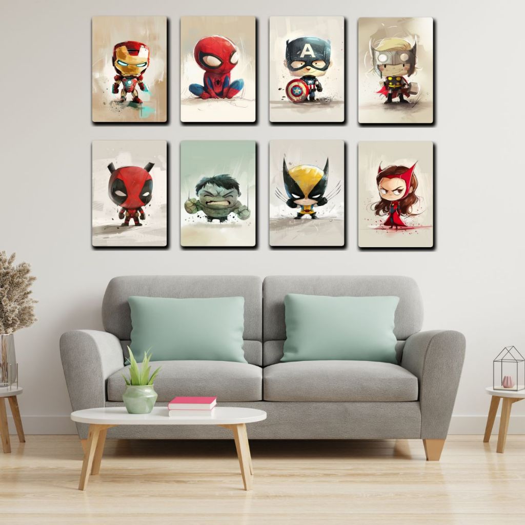 Kit 08 Quadros Decorativos Infantil Marvel Heróis (Homem de Ferro, Homem Aranha, Capitão América...
