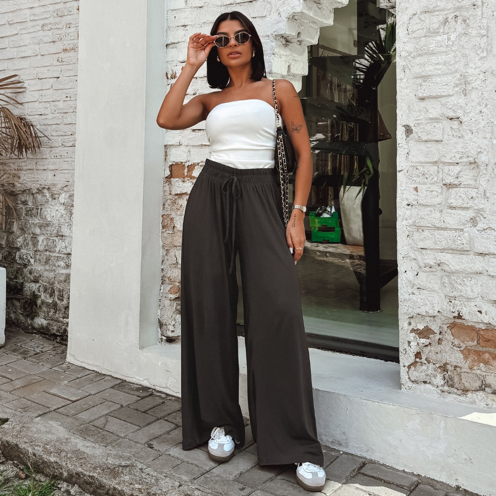 Calça Pantalona Feminina Cintura Alta Com Elástico Tendencia em Oferta na Shopee