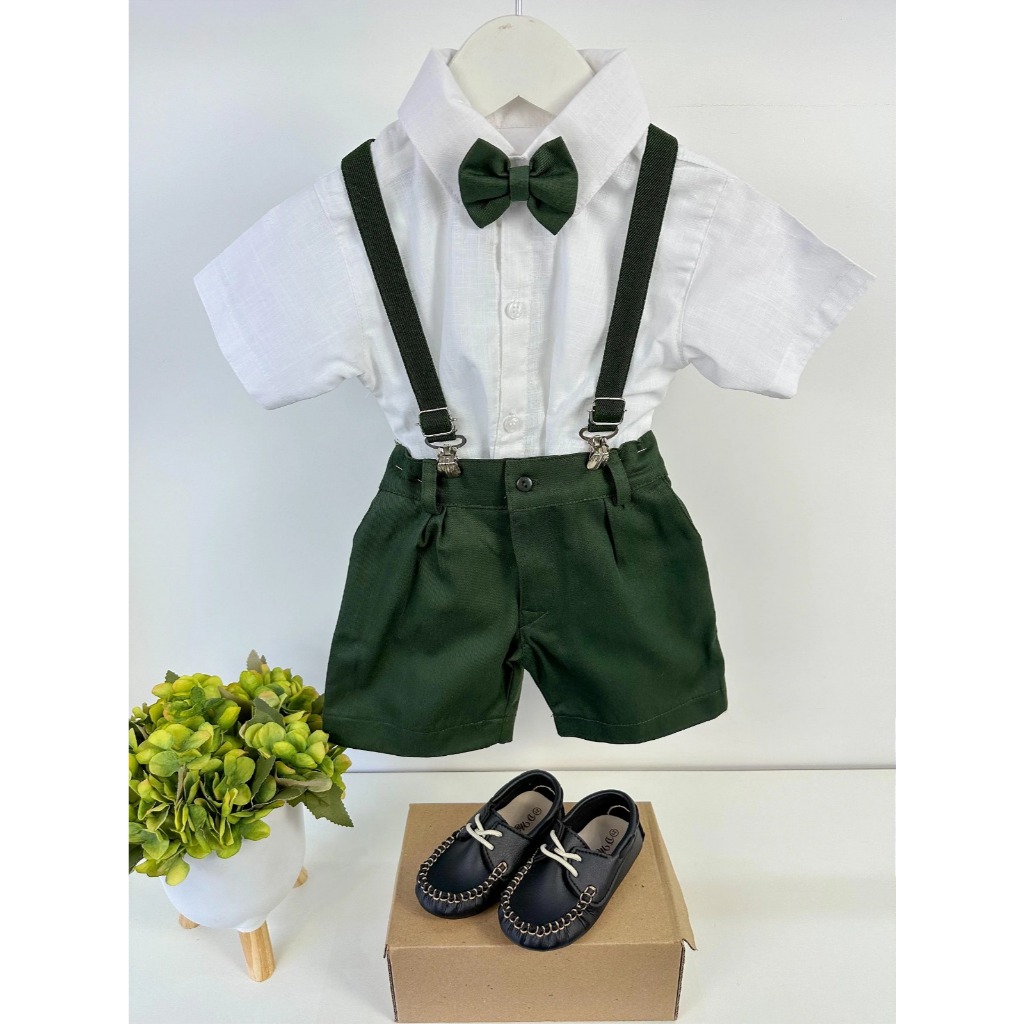 Conjunto Infantil Natal Miss Cherry Henry Camisa Branca Suspensorio Verde Militar