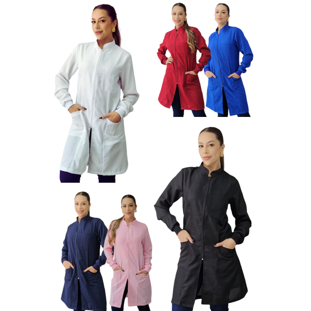 Jaleco Feminino Acinturado Oxford Manga Longa Com Zíper Gola Padre Várias Cores Estética Enfermagem