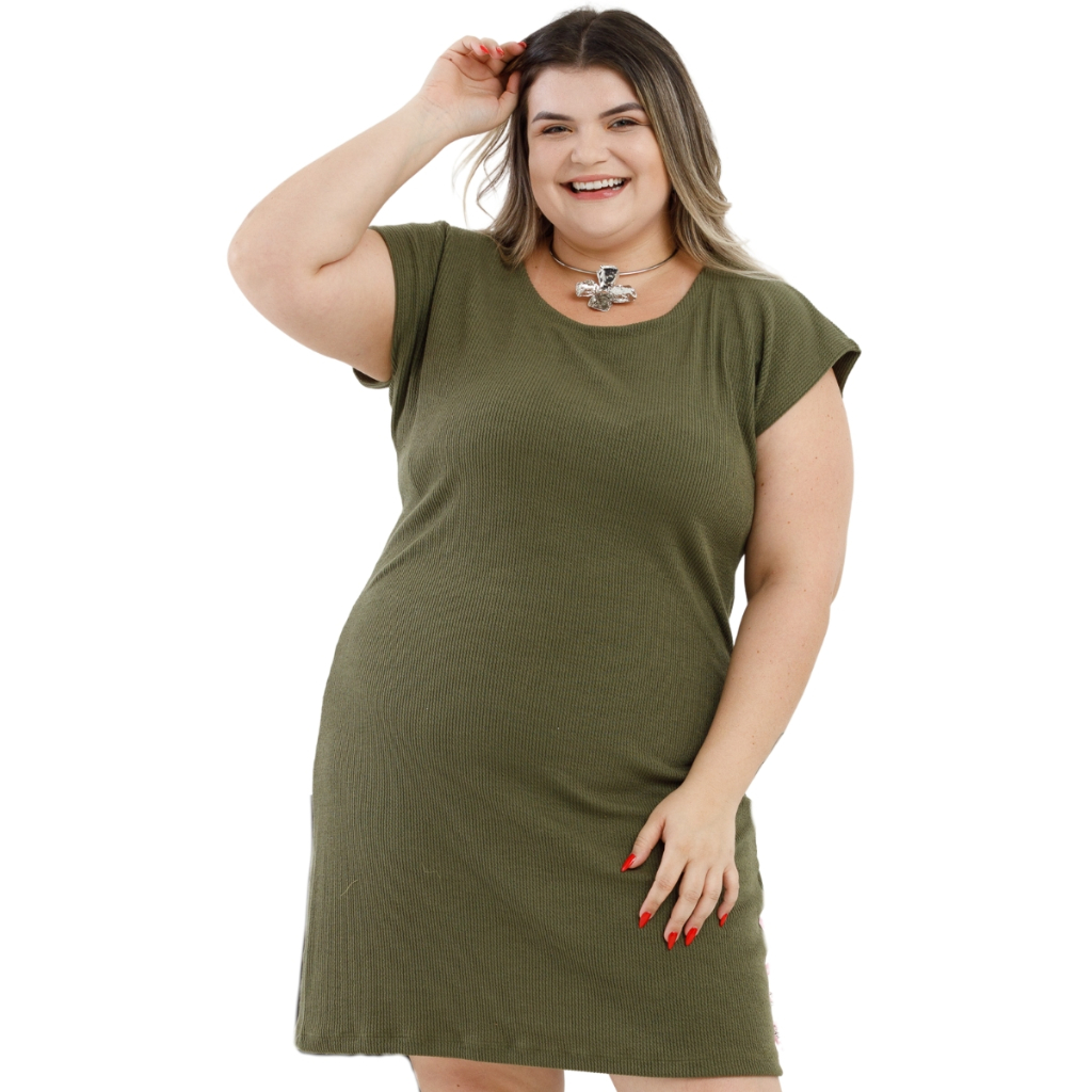 Vestido Manga Curta Plus Size Ribana Anarruga Básico Fresquinho Praiano Primavera Verão Casual 3069A