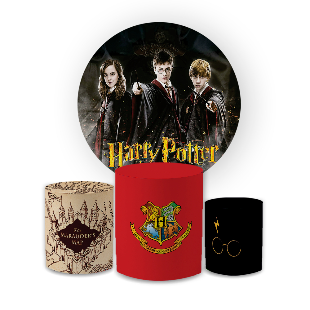 Kit Capa Painel Redondo + Trio Capas Cilindro c/ Elástico Tema Hary P. Decoração Hogwarts Festa