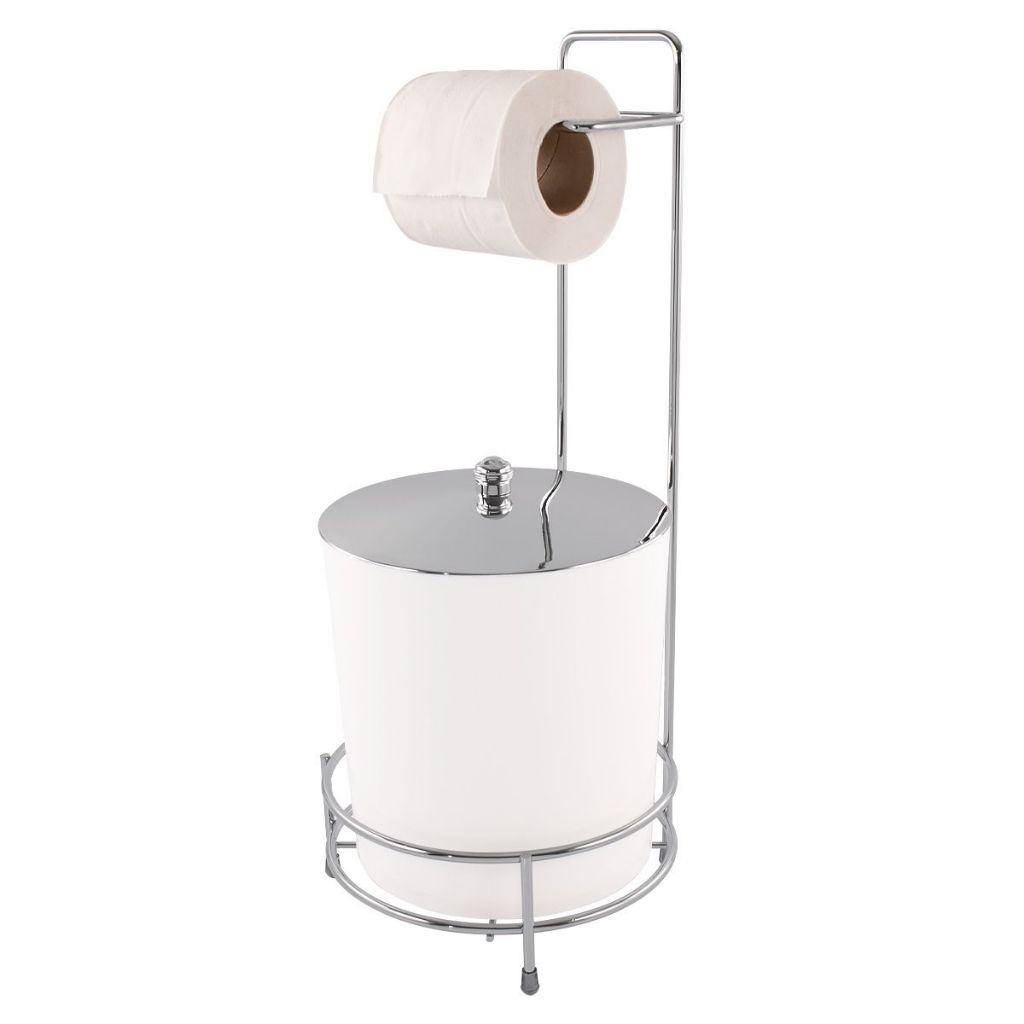 Papeleira Suporte Porta Papel Higiênico Cromado E Lixeira Redonda 5 Litros Com Tampa Para Banheiro Lavabo Organizador