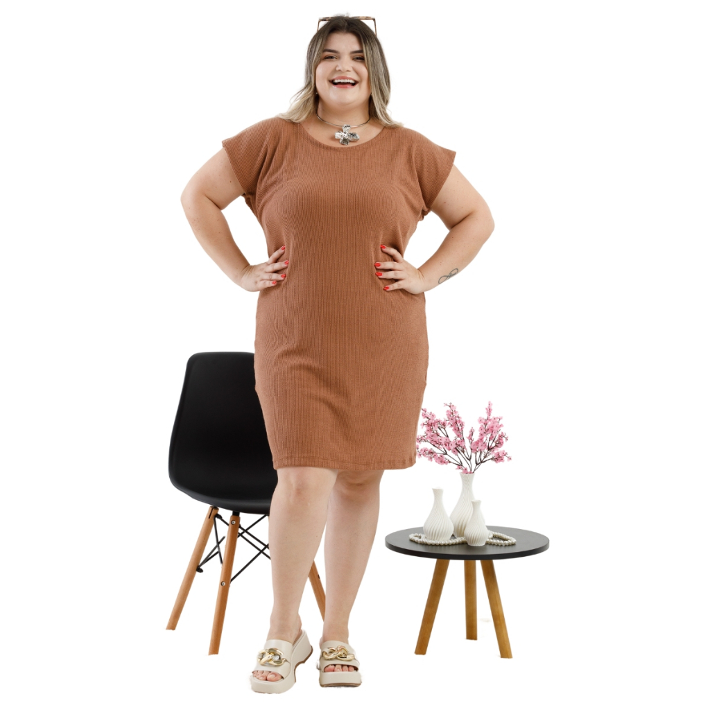 Vestido Casual Canelado C/Elasticidade Gola Redonda Moda Feminina Primavera Verão Plus Size 3069A