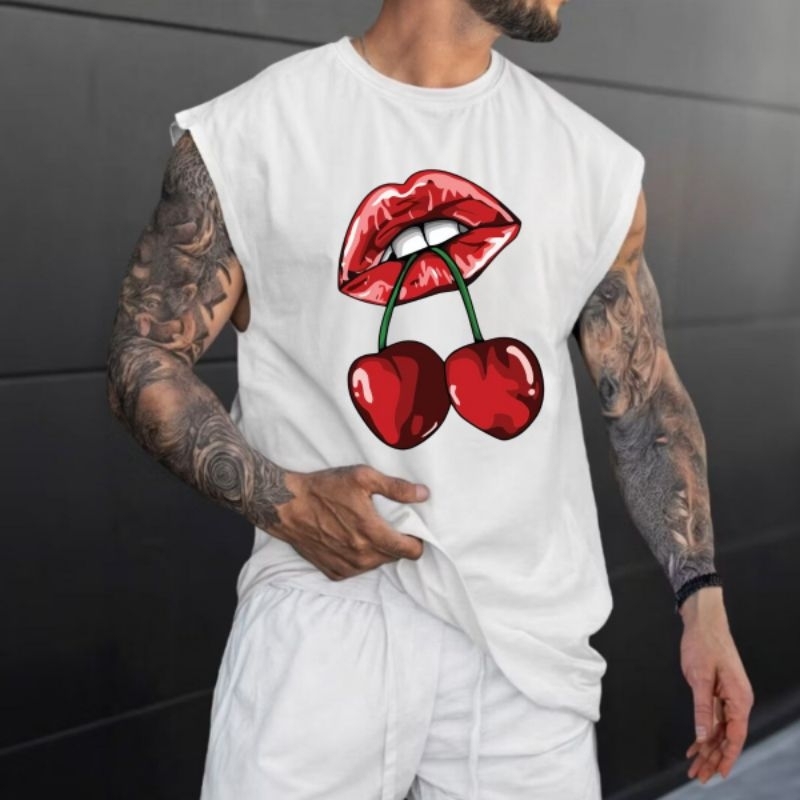 Regata Oversized Sleeveless Masculina Streetwear Estampada Boca Com Cereja