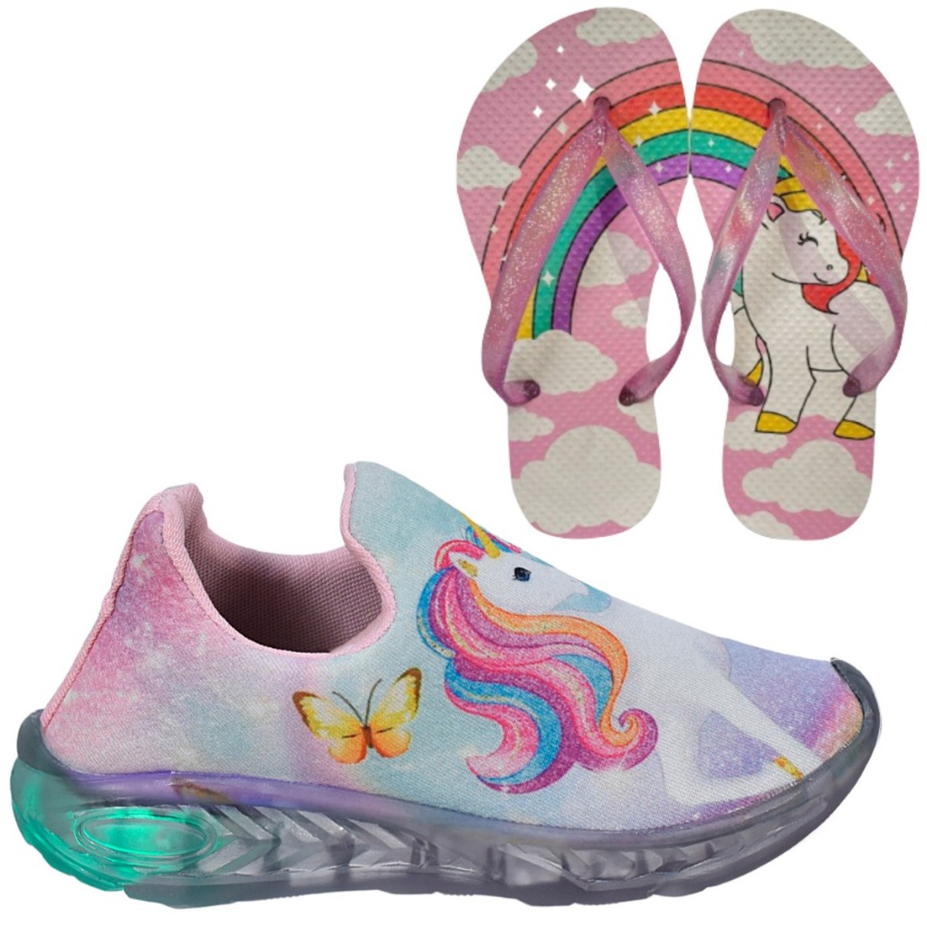 Tênis Infantil Led Feminino Unicórnio Celce Fácil Menina + Chinelo em Oferta na Shopee
