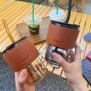 Copo De Vidro Diferente Drink Quente Ou Frio Canudo Tampa Caneca  Detalhe Couro 400ml Com Coldre