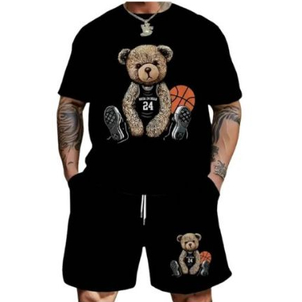 Conjunto Camiseta Larga Oversized+ Bermuda Moletom Urso Basquete Estiloso Moda Confortavel