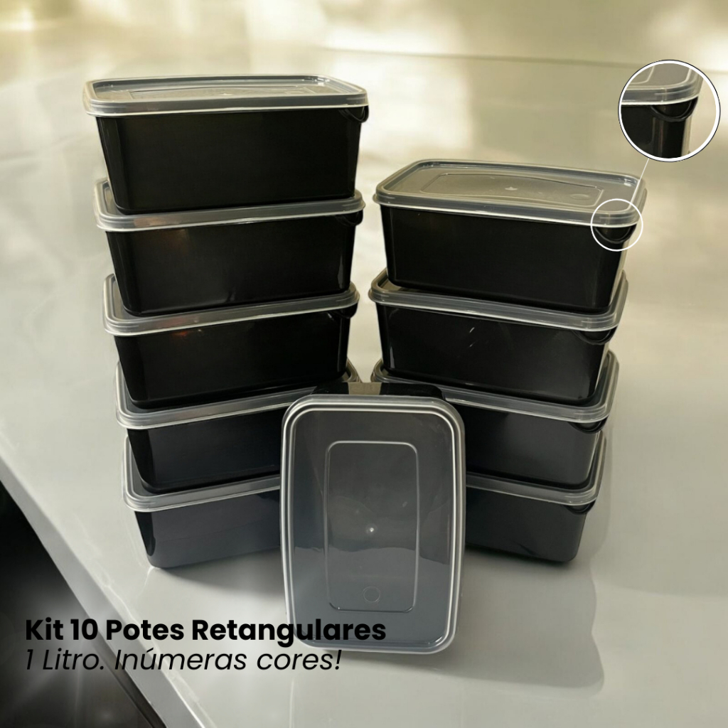 Kit com 10 Potes Caixa Organizadora Retangular 1 Litro Utilidade Doméstica Marmita Vasilha Colorido