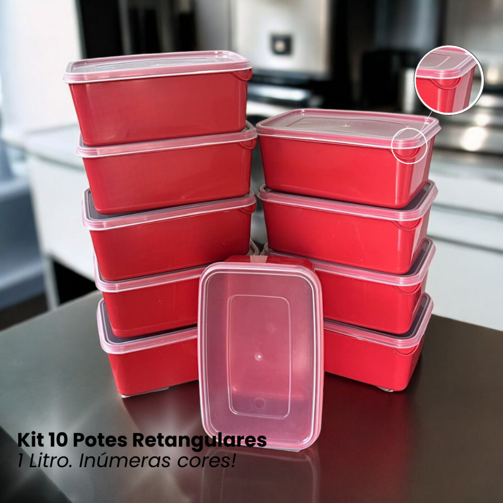 Kit com 10 Potes Caixa Organizadora Retangular 1 Litro Utilidade Doméstica Marmita Vasilha Colorido