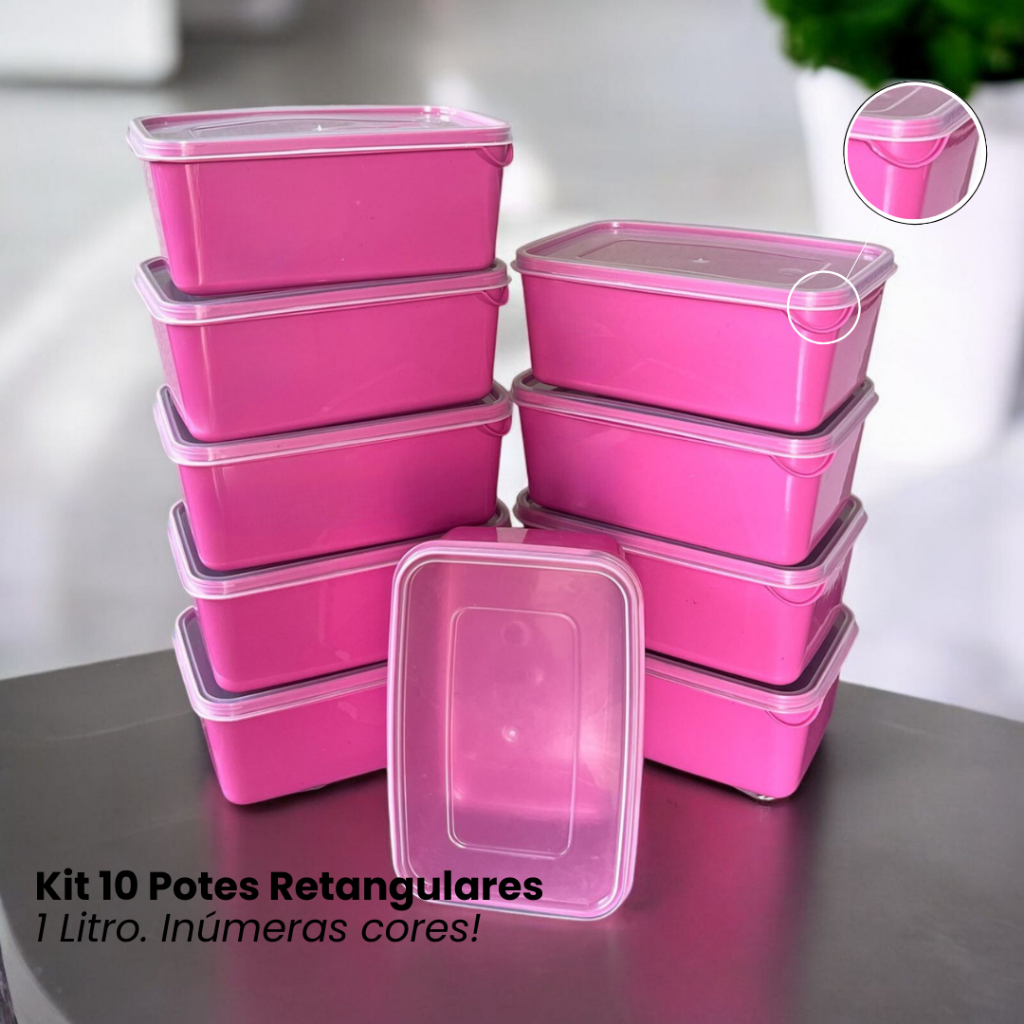Kit com 10 Potes Caixa Organizadora Retangular 1 Litro Utilidade Doméstica Marmita Vasilha Colorido