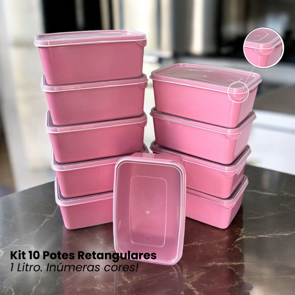Kit com 10 Potes Caixa Organizadora Retangular 1 Litro Utilidade Doméstica Marmita Vasilha Colorido