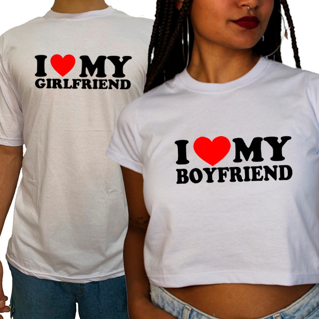 Conjunto Casal Camiseta e Cropped I Love My Girlfriend I Love My Boyfriend Amo Meu Namorado Amo Minha Namorada