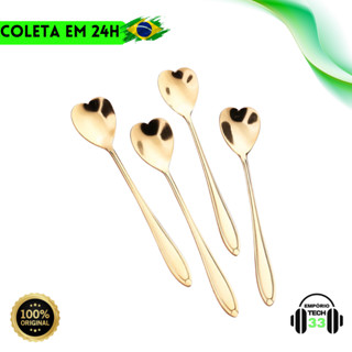 Kit Colher Coração Fofa para Cozinha Mesa Posta Douradas Café Sobremesa Chá Aço Inoxidável
