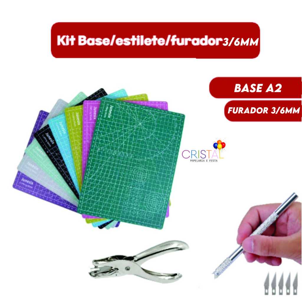Kit Papelaria Base de Corte A2/ Estilete Precisão Cortador Manual/Alicate Furador