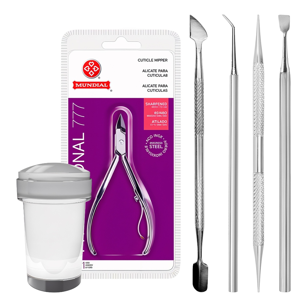 Kit Manicure Completo 4 Intrumento Inox Profissional Podologia + Alicate Mundial 777 + Mini Carimbo