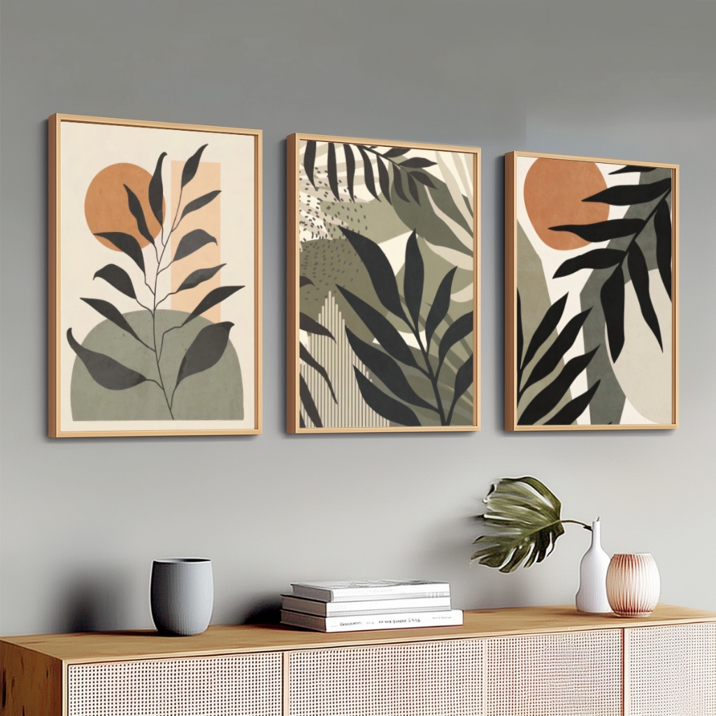 Trio Quadros Decorativos Moldura Madeira Folhagem Abstrata — imagem 2 de 2